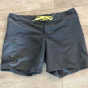 Athleta, size 10, Rincon UPF board shorts, gray with yellow tie/trim, 6” inseam